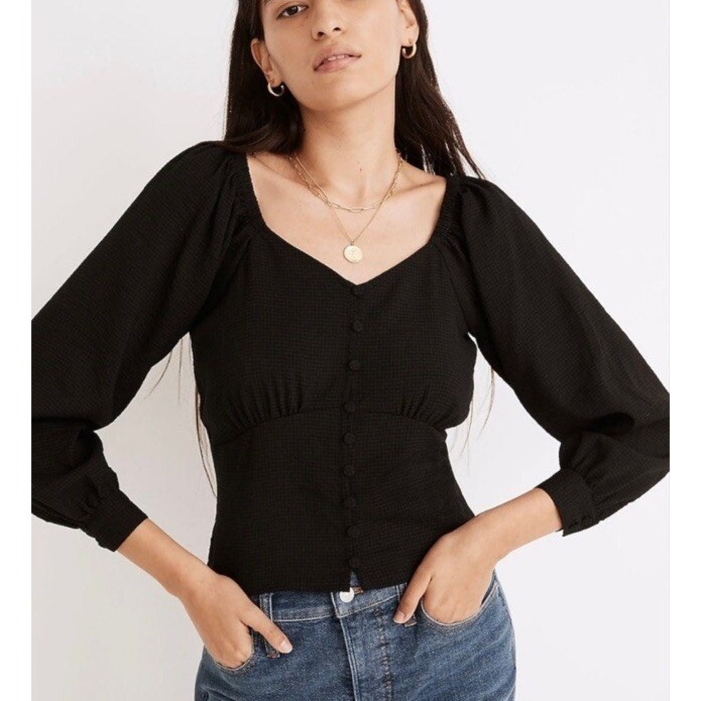 Madwell Black Gingham Seersucker Puff Sleeve Button Front Top Blouse‎ Medium M
